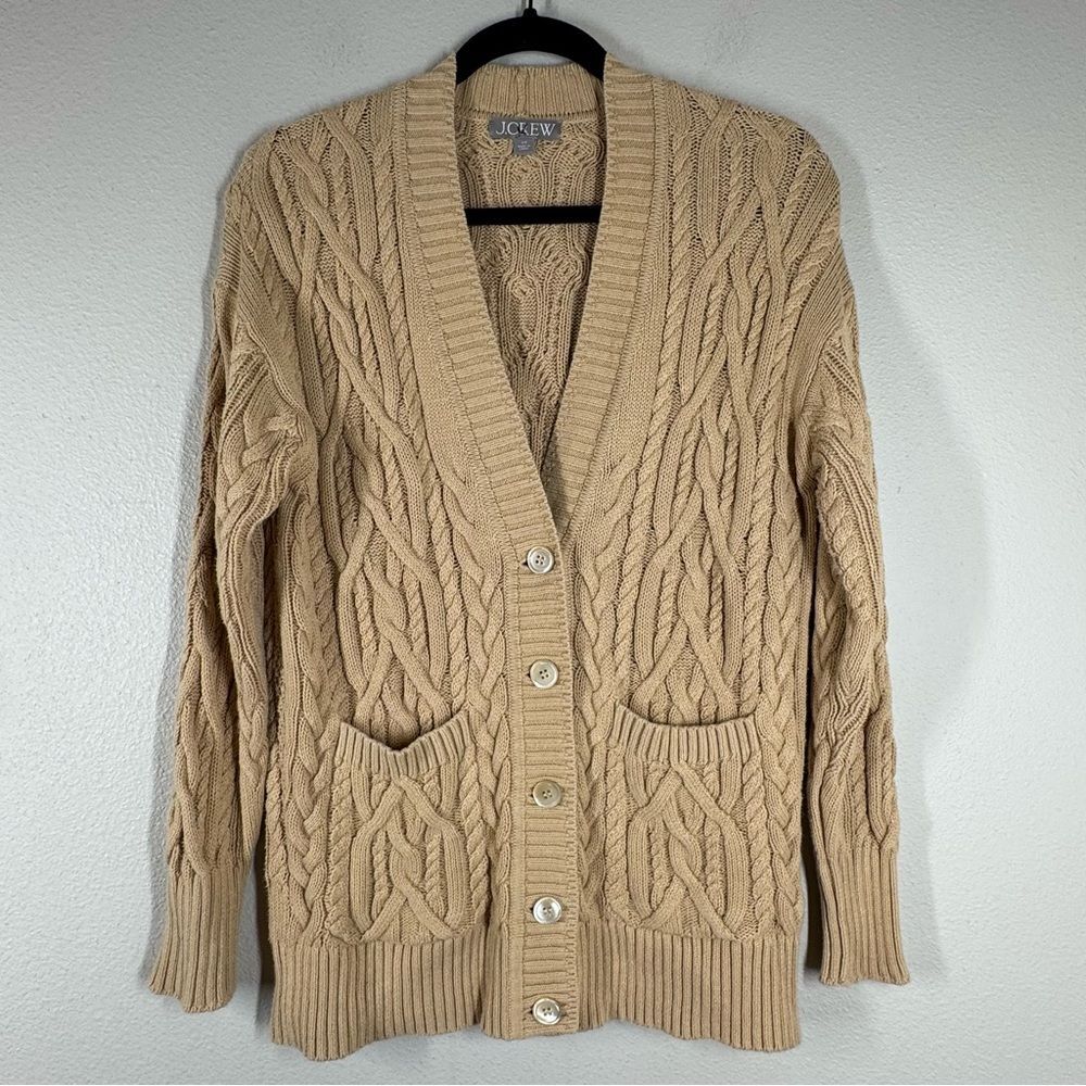 J Crew Cable Knit Cardigan Sweater Cream Cotton V Neck Oversized Women XS BZ494